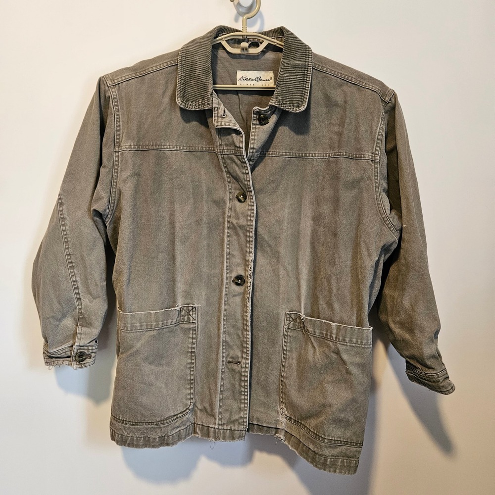 Vintage Eddie Bauer Canvas Utility Chore Jacket M/L Corduroy Collar Distressed